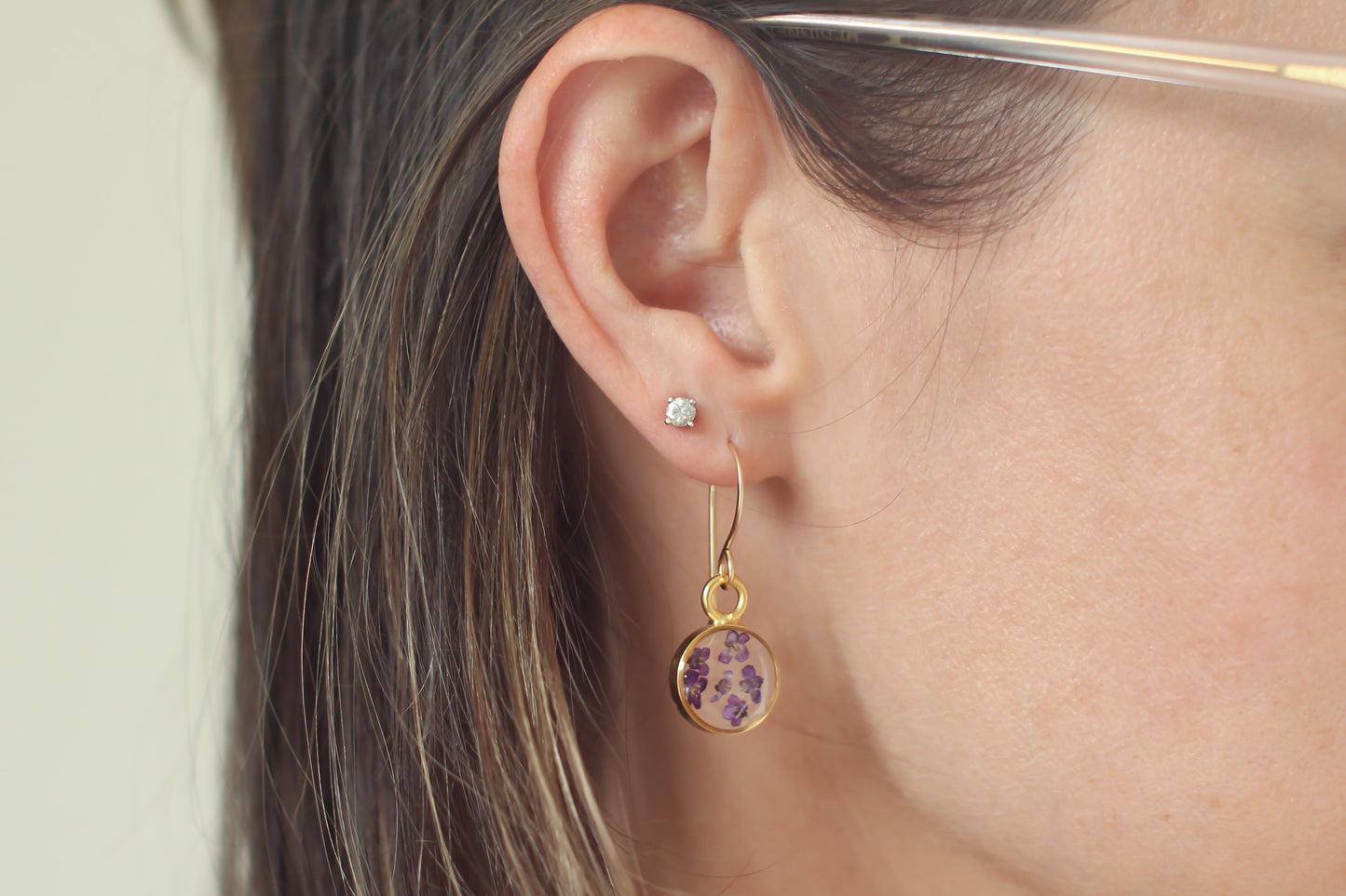 Gold Mini Circle Earrings with Purple Flowers