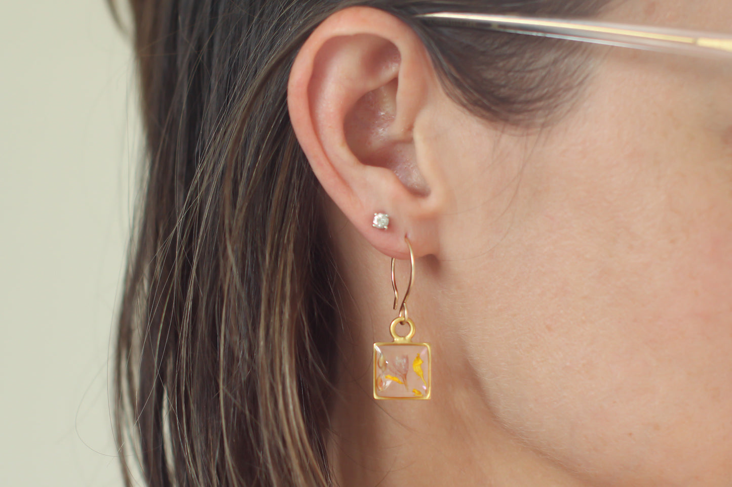 Gold Mini Square Earrings with Purple and Orange Flowers