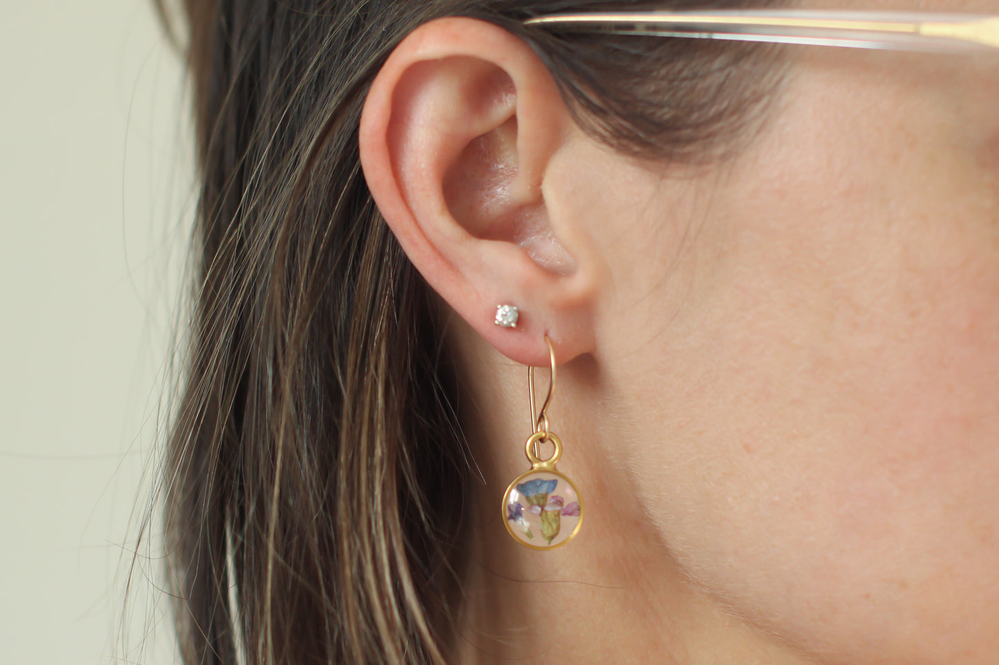 Gold Mini Circle Earrings with Blue Flowers