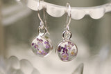Silver Mini Circle Earrings with Purple Flowers