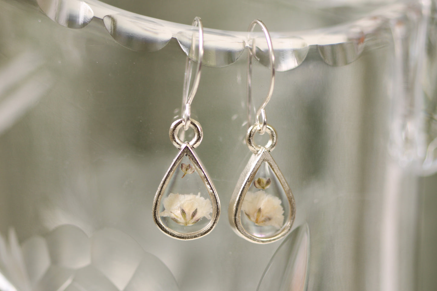 Silver Mini Teardrop Earrings with White Flowers