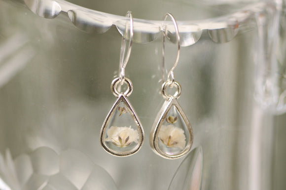 Silver Mini Teardrop Earrings with White Flowers