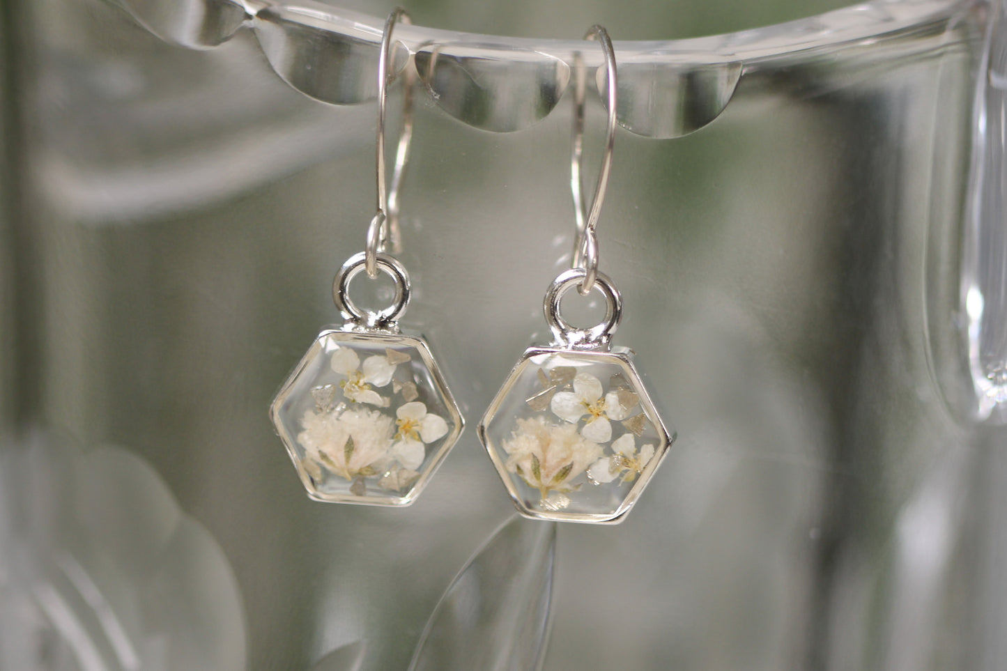 Silver Mini Hexagon Earrings with White Flowers