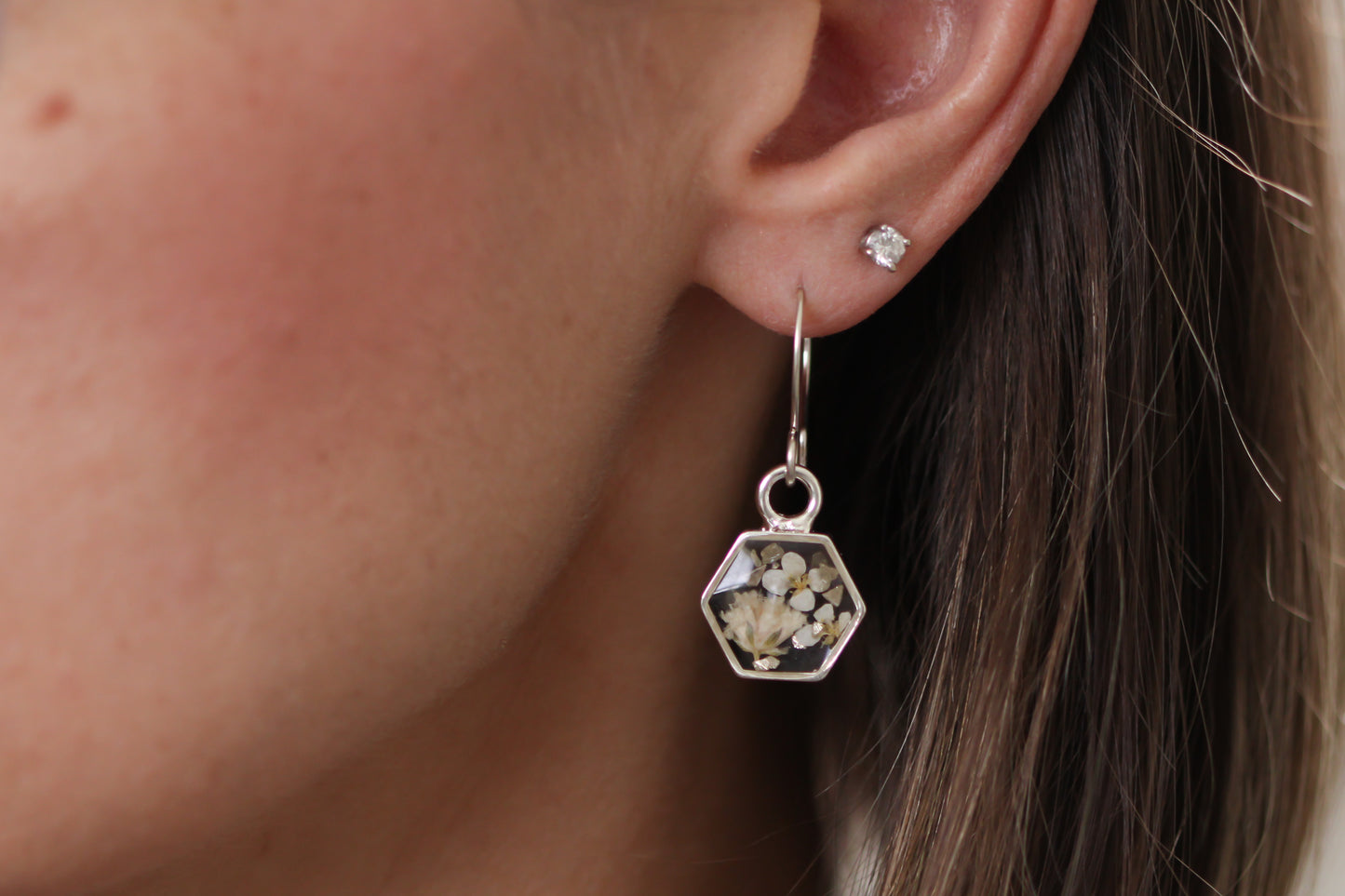 Silver Mini Hexagon Earrings with White Flowers