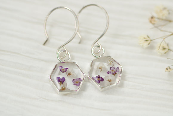 Silver Mini Hexagon Earrings with Purple and White Flowers