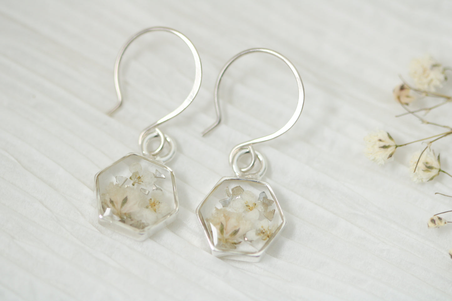 Silver Mini Hexagon Earrings with White Flowers