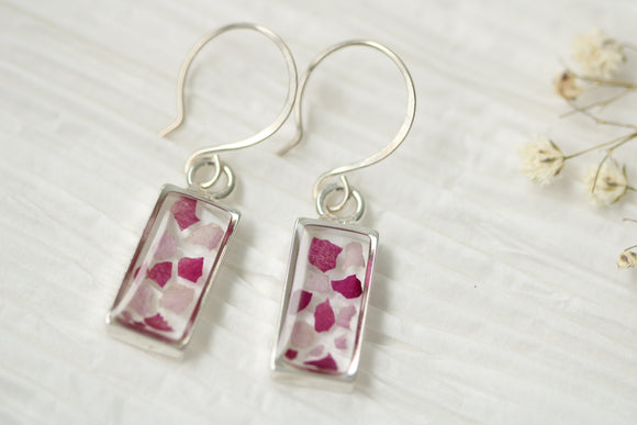 Silver Mini Rectangle Earrings with Rose Petals