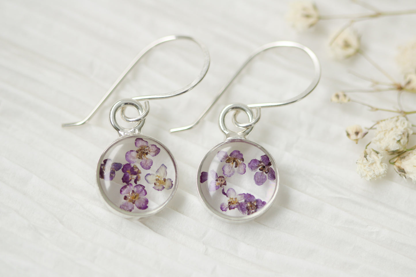 Silver Mini Circle Earrings with Purple Flowers
