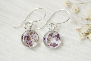 Silver Mini Circle Earrings with Purple Flowers