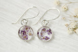 Silver Mini Circle Earrings with Purple Flowers