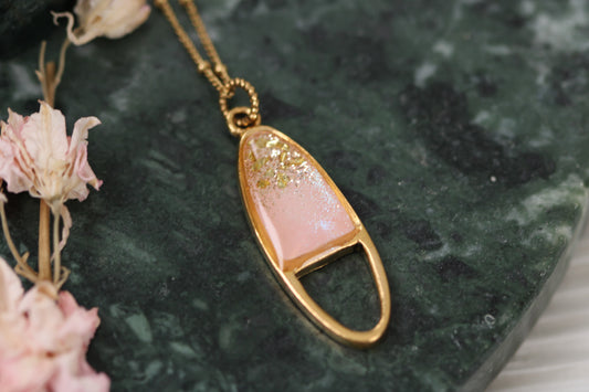 Gold and Pink Glitter Statement Oval Necklace | Handmade Resin and Clay Necklace