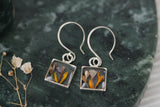 handmade resin and flower earrings, silver square shaped dangle earrings with marigold, statice and sorghum