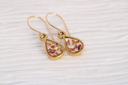 Dried Rose Petal Teardrop Earrings in Gold