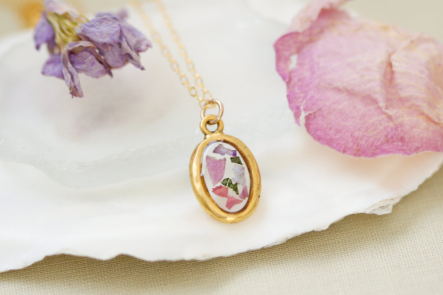 custom small handmade resin and dried flowers necklace in gold