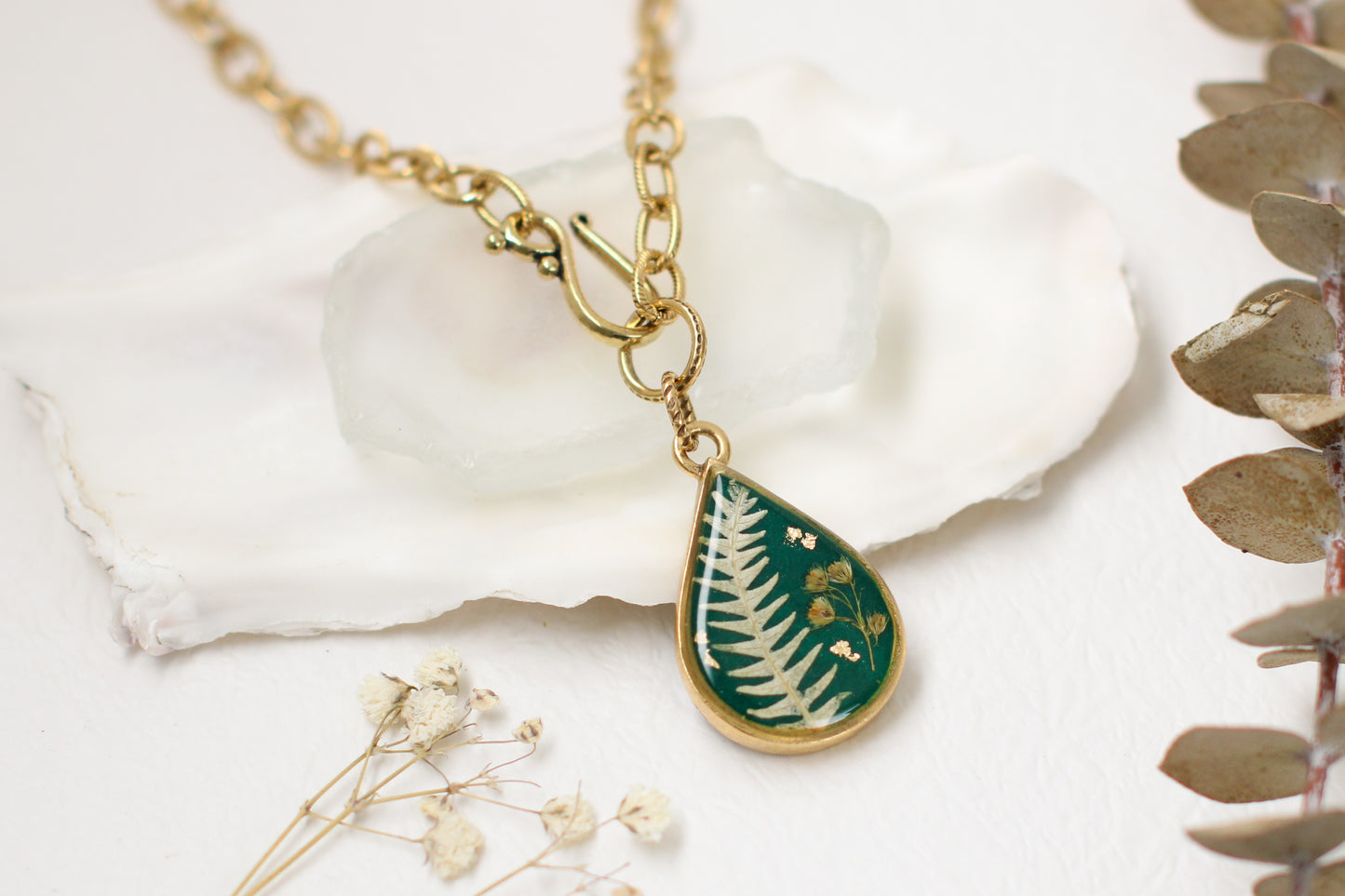 Green and Gold Chunky Chain Teardrop Botanical Necklace | Handmade Resin and Flower Necklace
