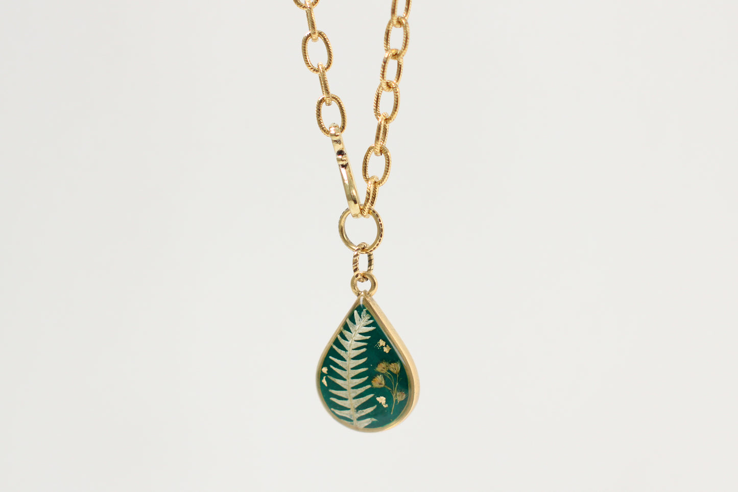 Green and Gold Chunky Chain Teardrop Botanical Necklace | Handmade Resin and Flower Necklace