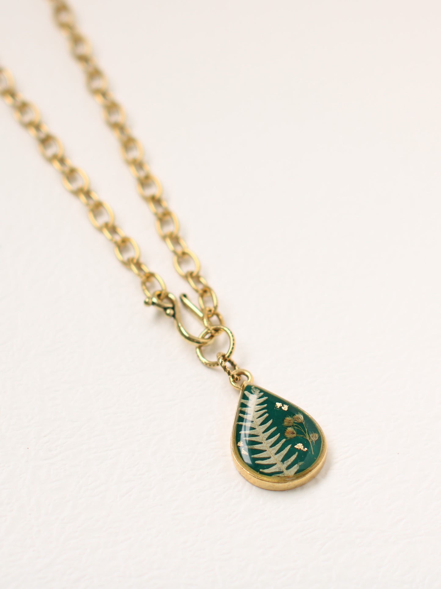 Green and Gold Chunky Chain Teardrop Botanical Necklace | Handmade Resin and Flower Necklace
