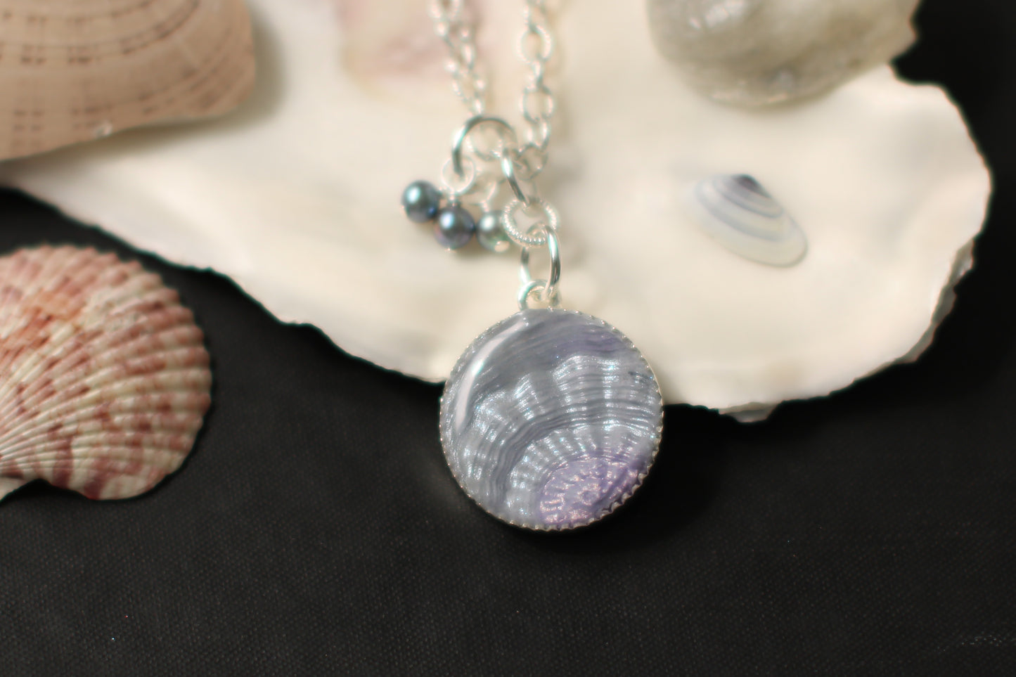 Silver Shell Statement Necklace with Pearls | Handmade Clay and Resin Shell Necklace
