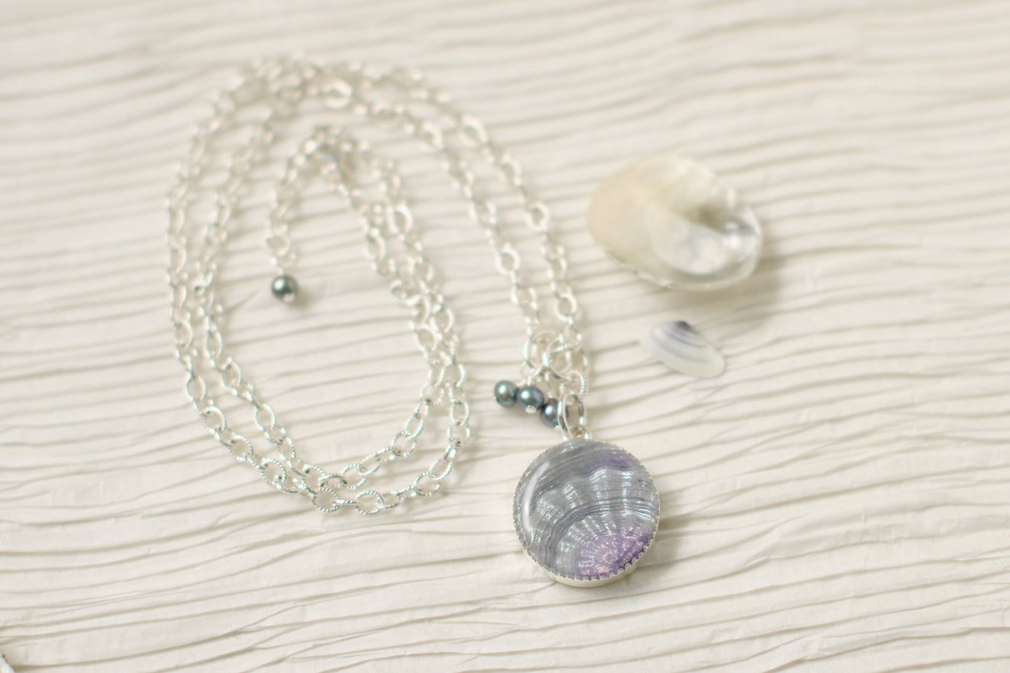 Silver Shell Statement Necklace with Pearls | Handmade Clay and Resin Shell Necklace