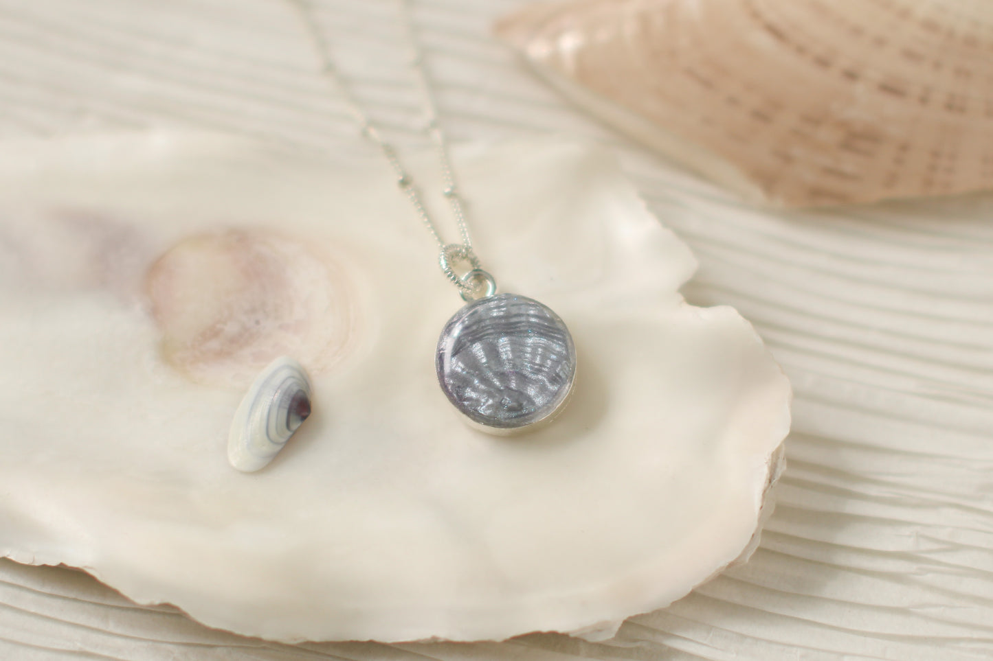 Silver Dainty Shell Necklace | Handmade Clay and Resin Silver Blue Shell Charm Necklace