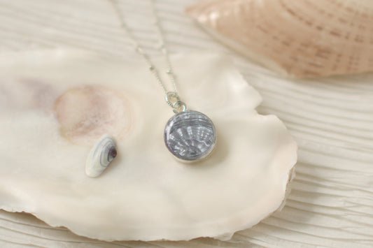 Silver Dainty Shell Necklace | Handmade Clay and Resin Silver Blue Shell Charm Necklace