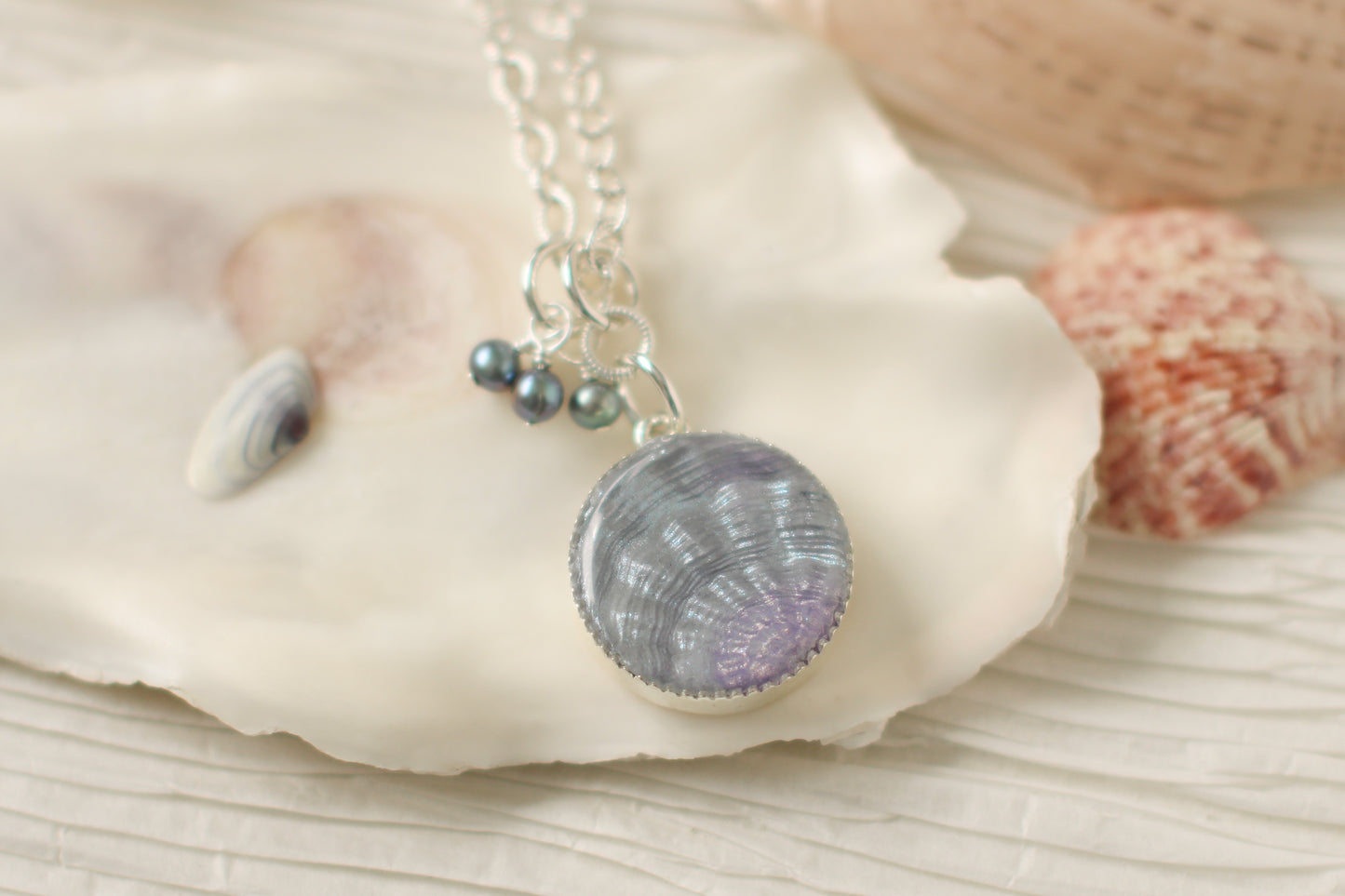 Silver Shell Statement Necklace with Pearls | Handmade Clay and Resin Shell Necklace