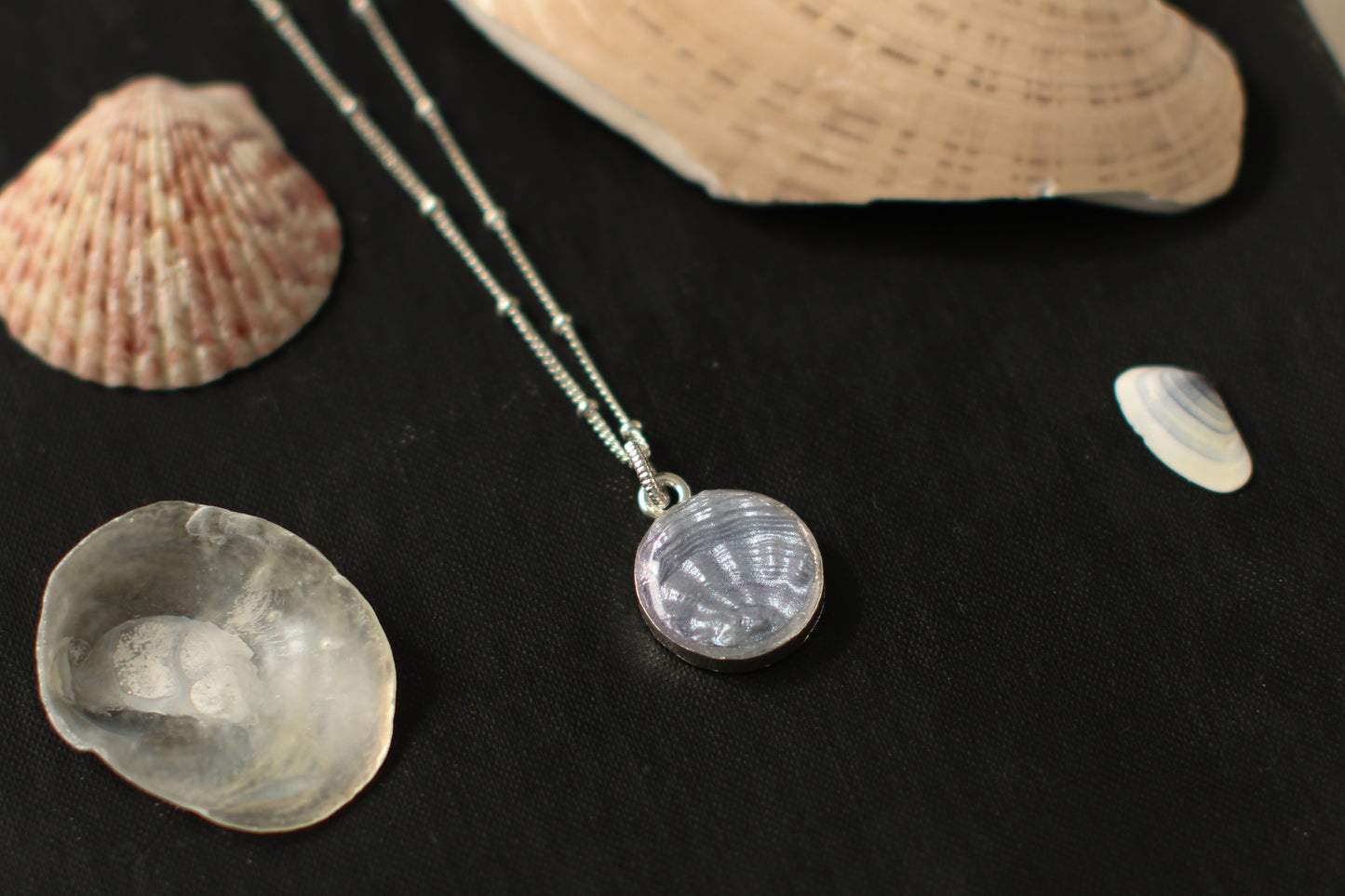 Silver Dainty Shell Necklace | Handmade Clay and Resin Silver Blue Shell Charm Necklace