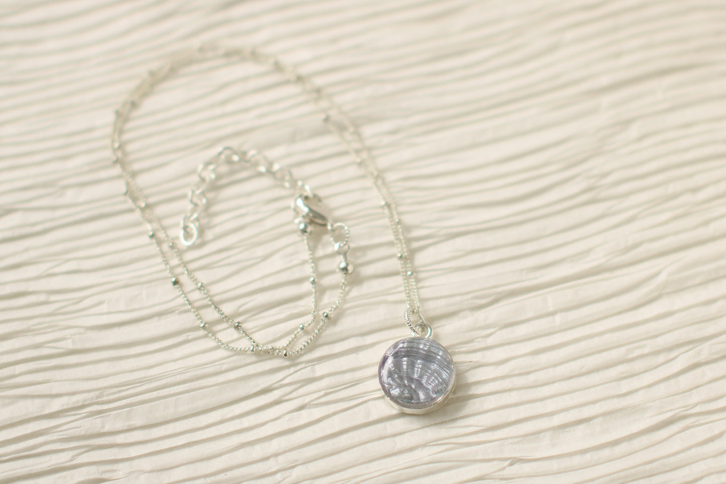Silver Dainty Shell Necklace | Handmade Clay and Resin Silver Blue Shell Charm Necklace