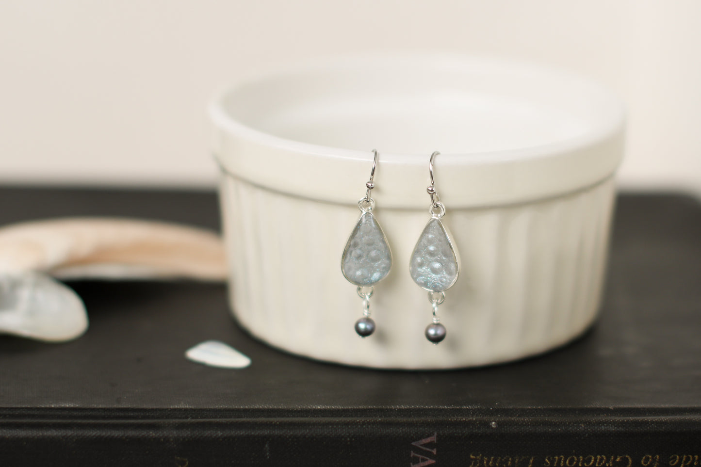Silvery Blue Sea Urchin Shell Teardrop Earrings with Pearl | Handmade Clay and Resin Dangle Earrings