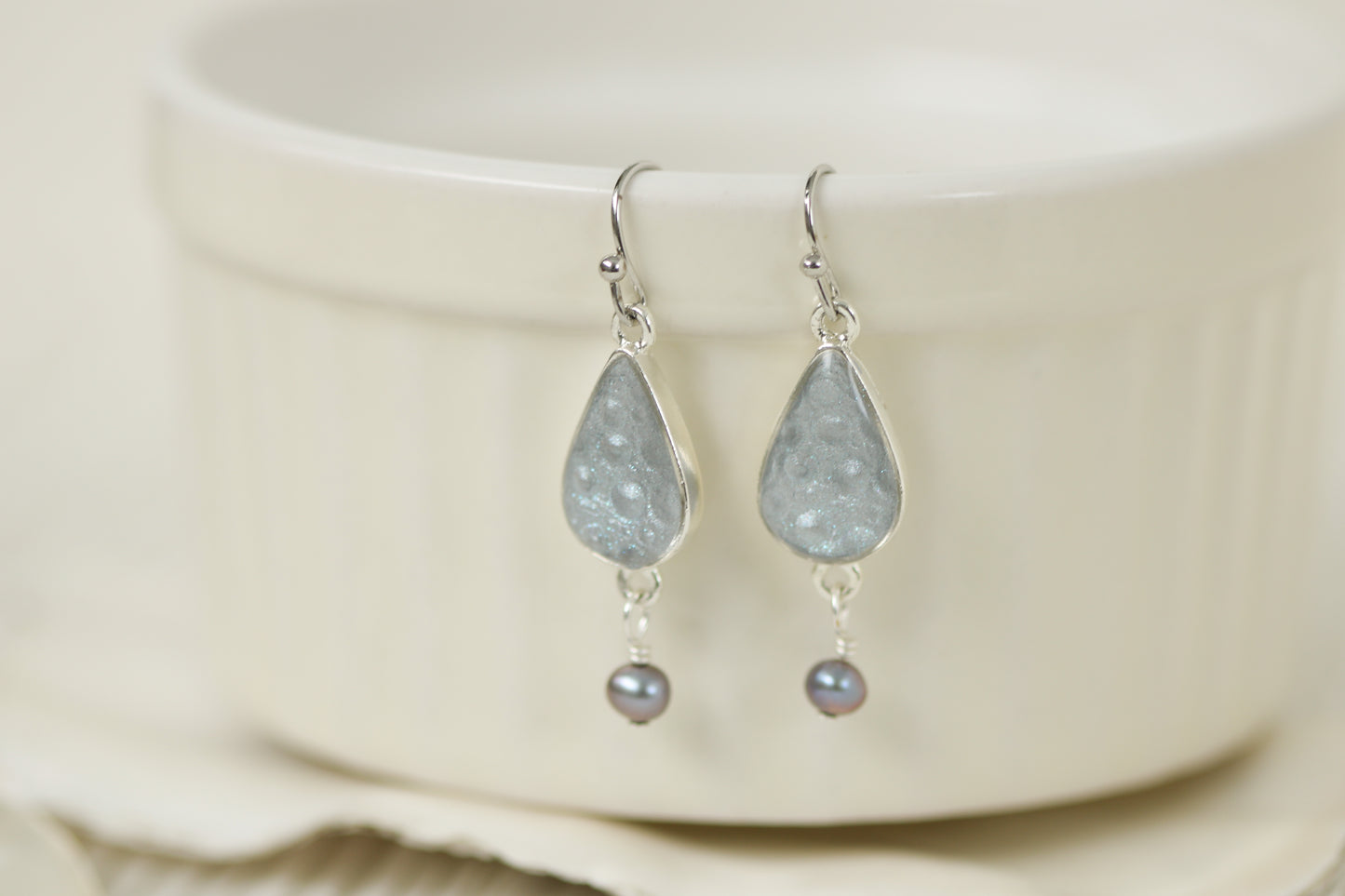 Silvery Blue Sea Urchin Shell Teardrop Earrings with Pearl | Handmade Clay and Resin Dangle Earrings