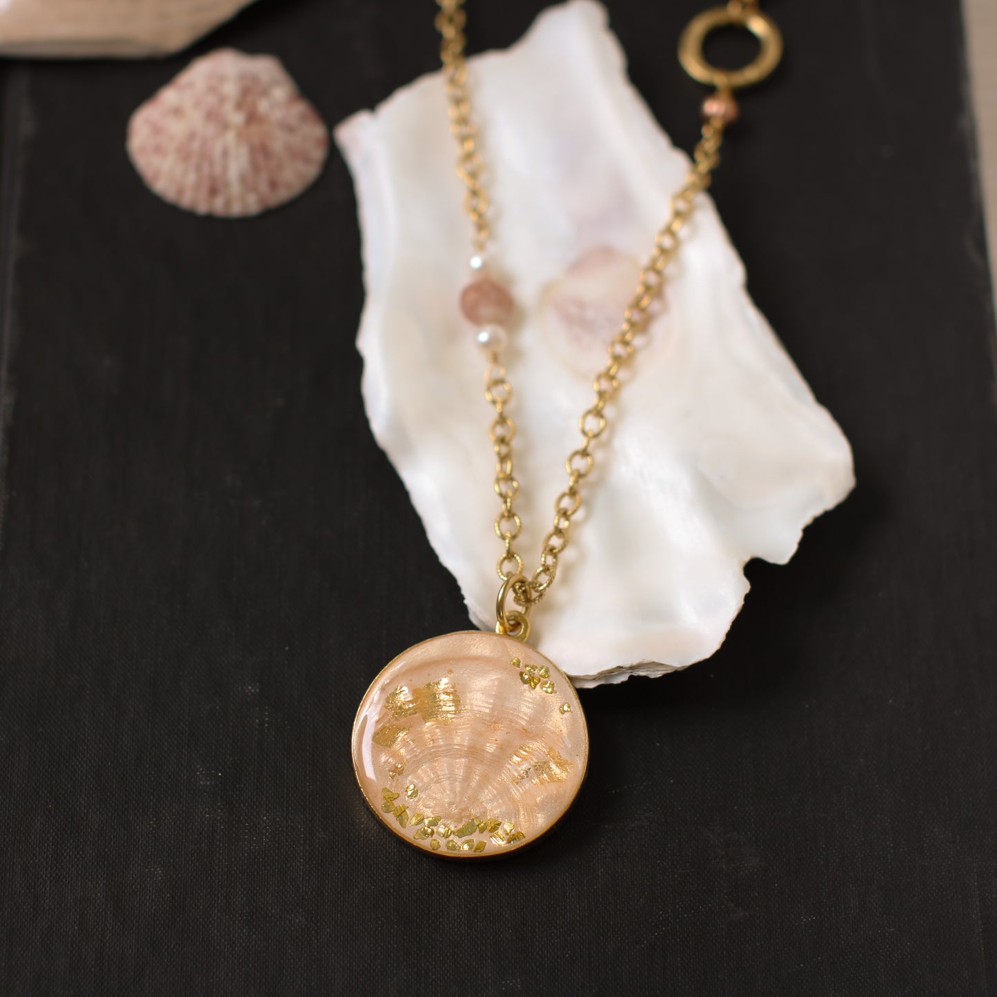 Gold Shell Statement Necklace | Handmade Clay and Resin Champagne Pink Shell Necklace