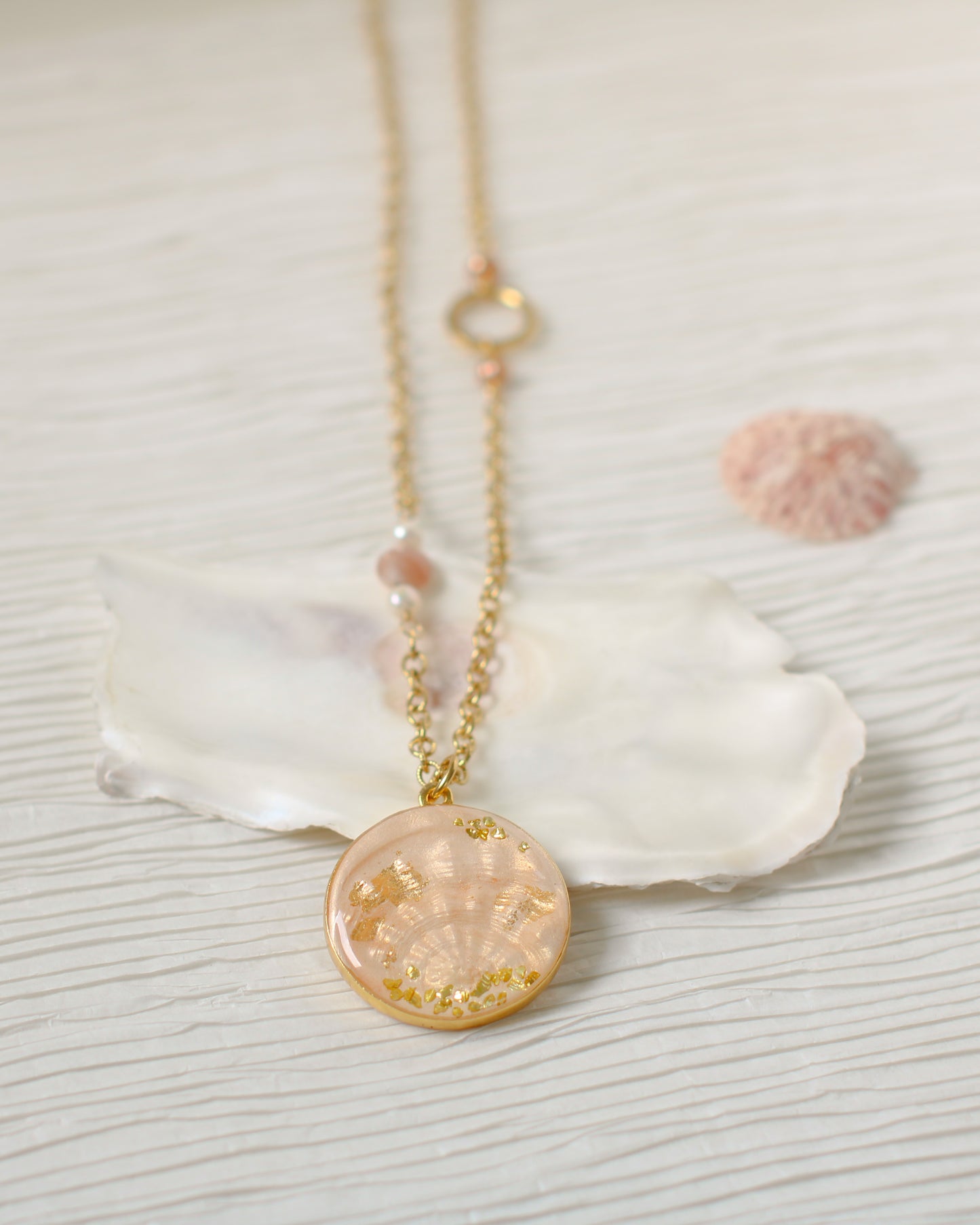 Gold Shell Statement Necklace | Handmade Clay and Resin Champagne Pink Shell Necklace