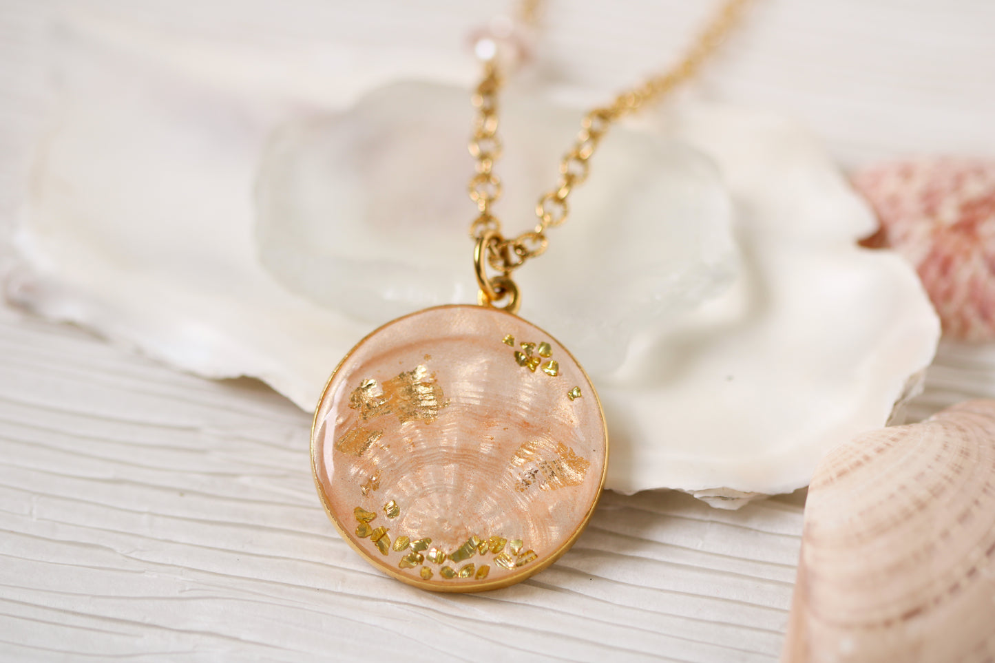 Gold Shell Statement Necklace | Handmade Clay and Resin Champagne Pink Shell Necklace
