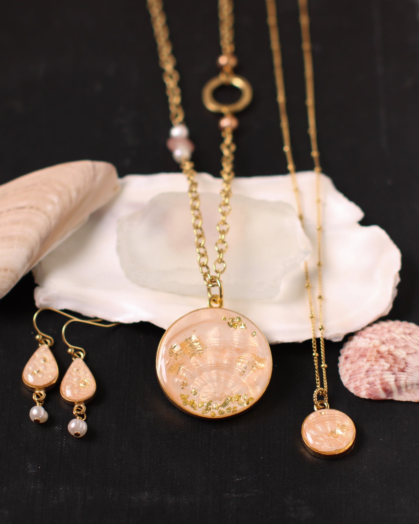 Gold Shell Statement Necklace | Handmade Clay and Resin Champagne Pink Shell Necklace