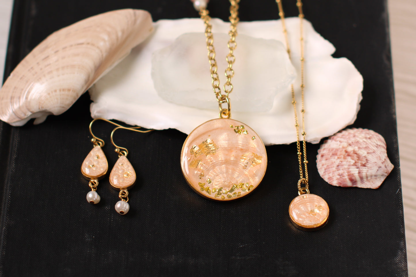 Gold Dainty Shell Necklace | Handmade Clay and Resin Champaigne Pink Shell Charm Necklace