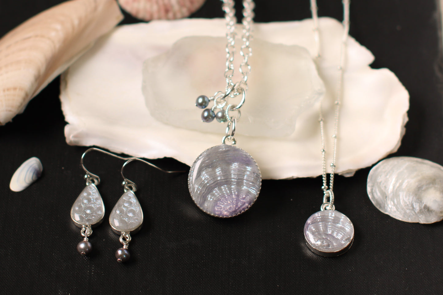 Silver Shell Statement Necklace with Pearls | Handmade Clay and Resin Shell Necklace