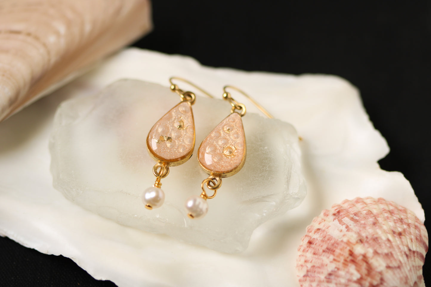 Gold and Pink Sea Urchin Shell Teardrop Earrings with Pearl | Handmade Clay and Resin Dangle Earrings