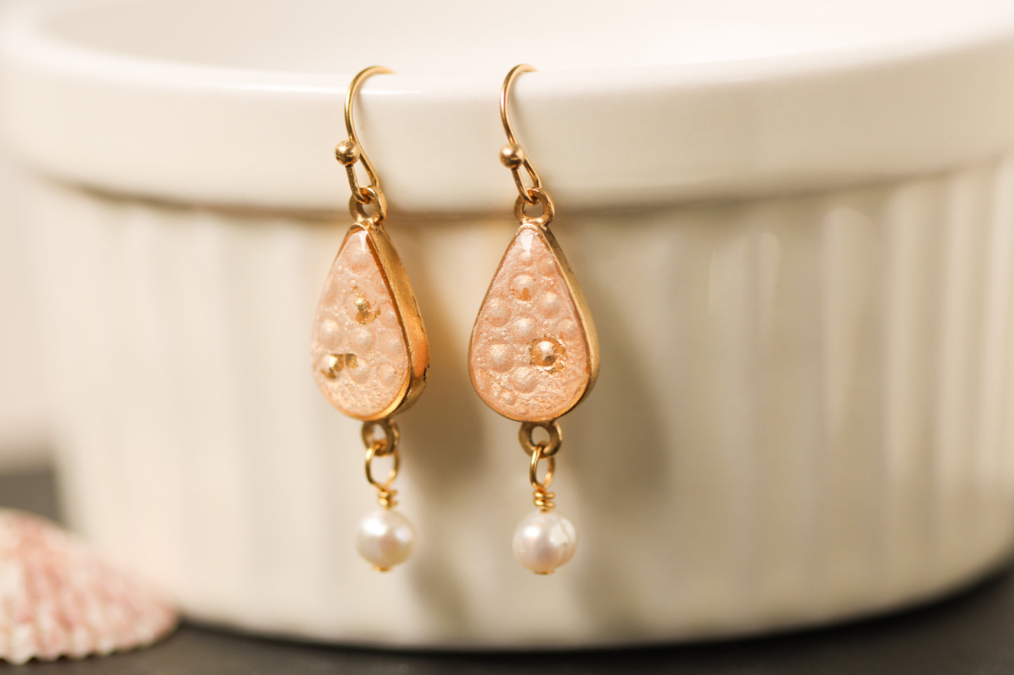 Gold and Pink Sea Urchin Shell Teardrop Earrings with Pearl | Handmade Clay and Resin Dangle Earrings