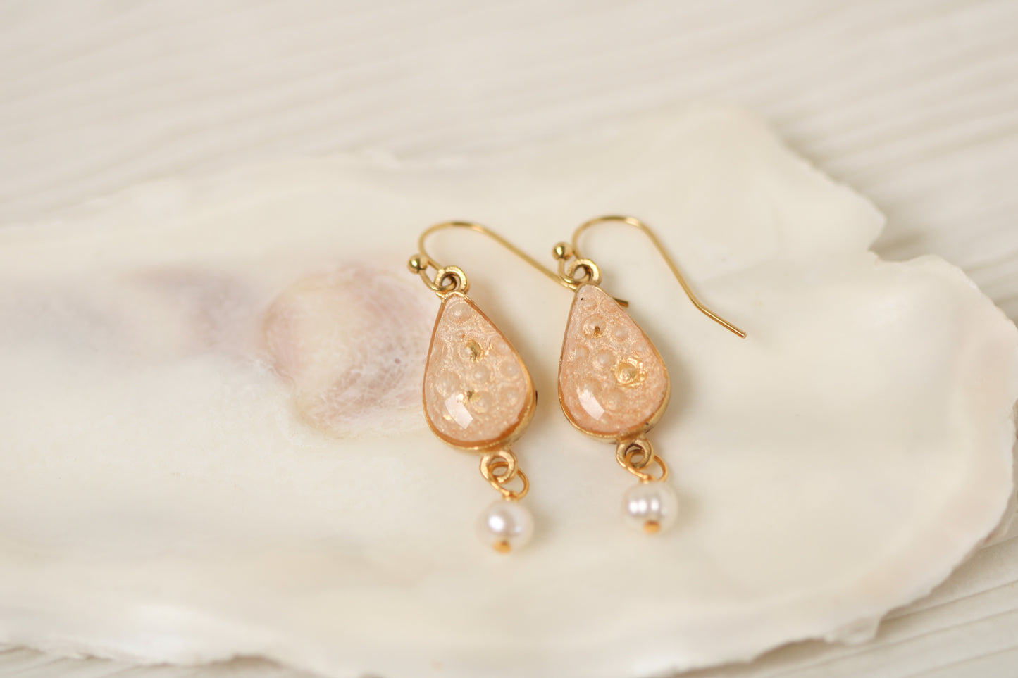 Gold and Pink Sea Urchin Shell Teardrop Earrings with Pearl | Handmade Clay and Resin Dangle Earrings