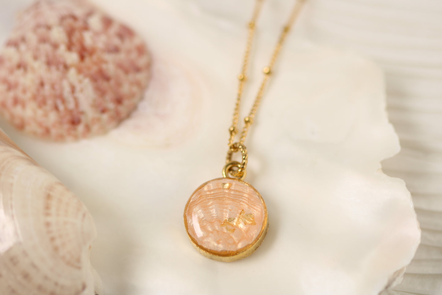 Gold Dainty Shell Necklace | Handmade Clay and Resin Champaigne Pink Shell Charm Necklace