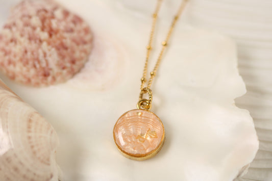 Gold Dainty Shell Necklace | Handmade Clay and Resin Champaigne Pink Shell Charm Necklace