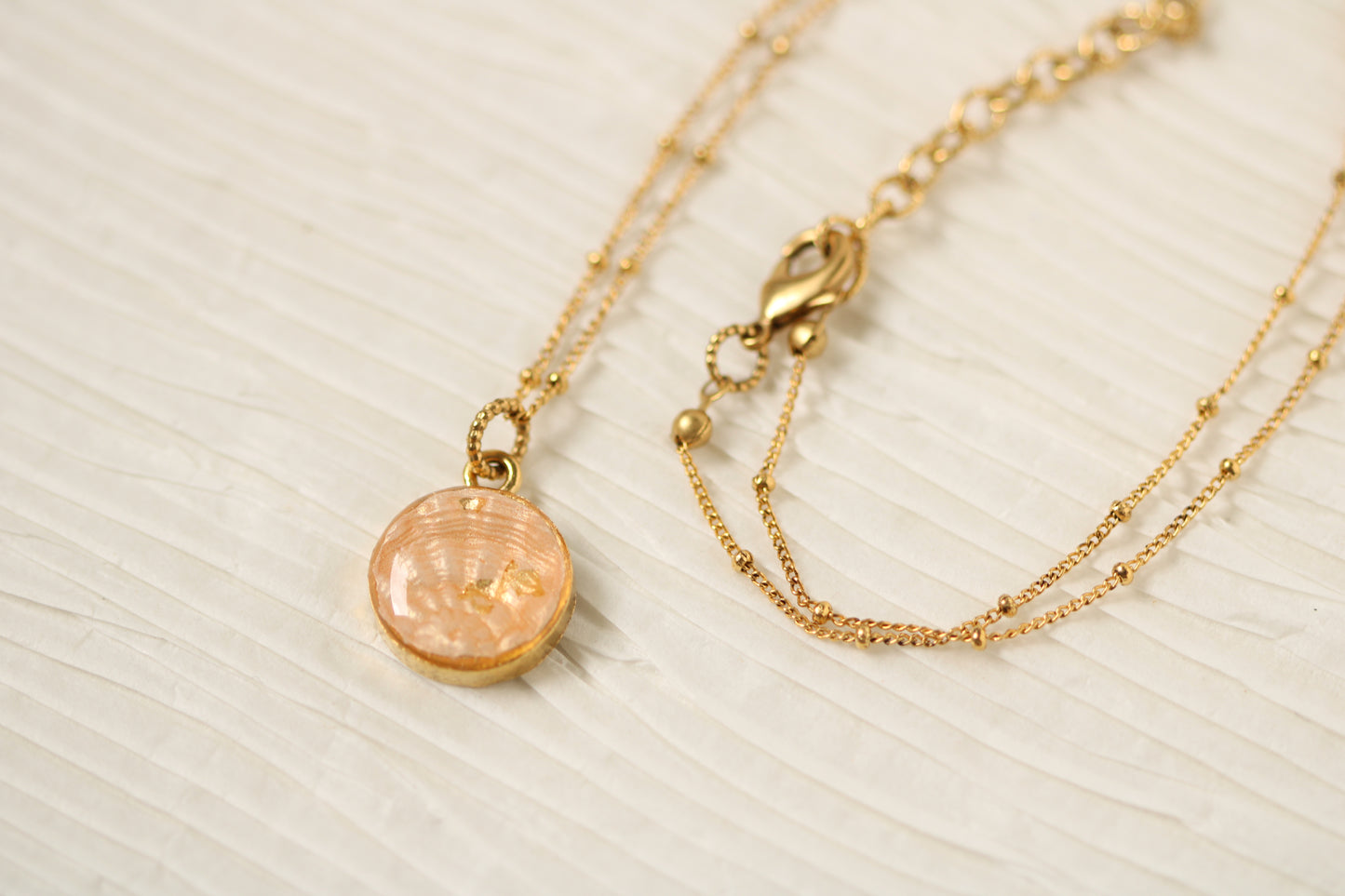 Gold Dainty Shell Necklace | Handmade Clay and Resin Champaigne Pink Shell Charm Necklace