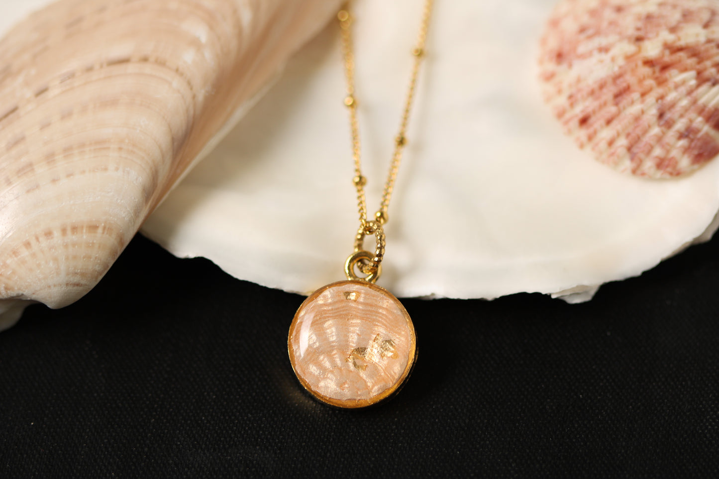 Gold Dainty Shell Necklace | Handmade Clay and Resin Champaigne Pink Shell Charm Necklace