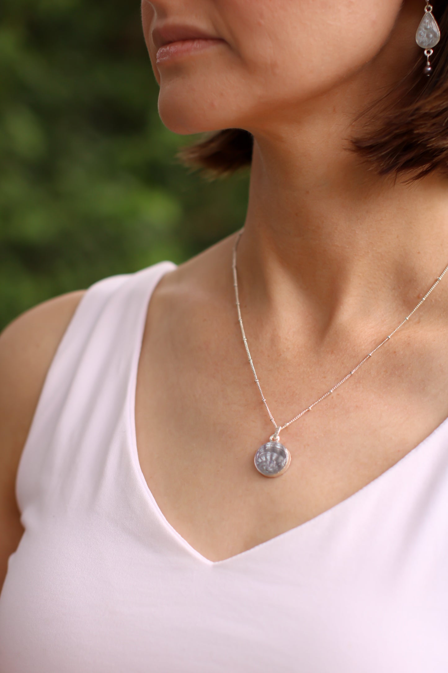 Silver Dainty Shell Necklace | Handmade Clay and Resin Silver Blue Shell Charm Necklace