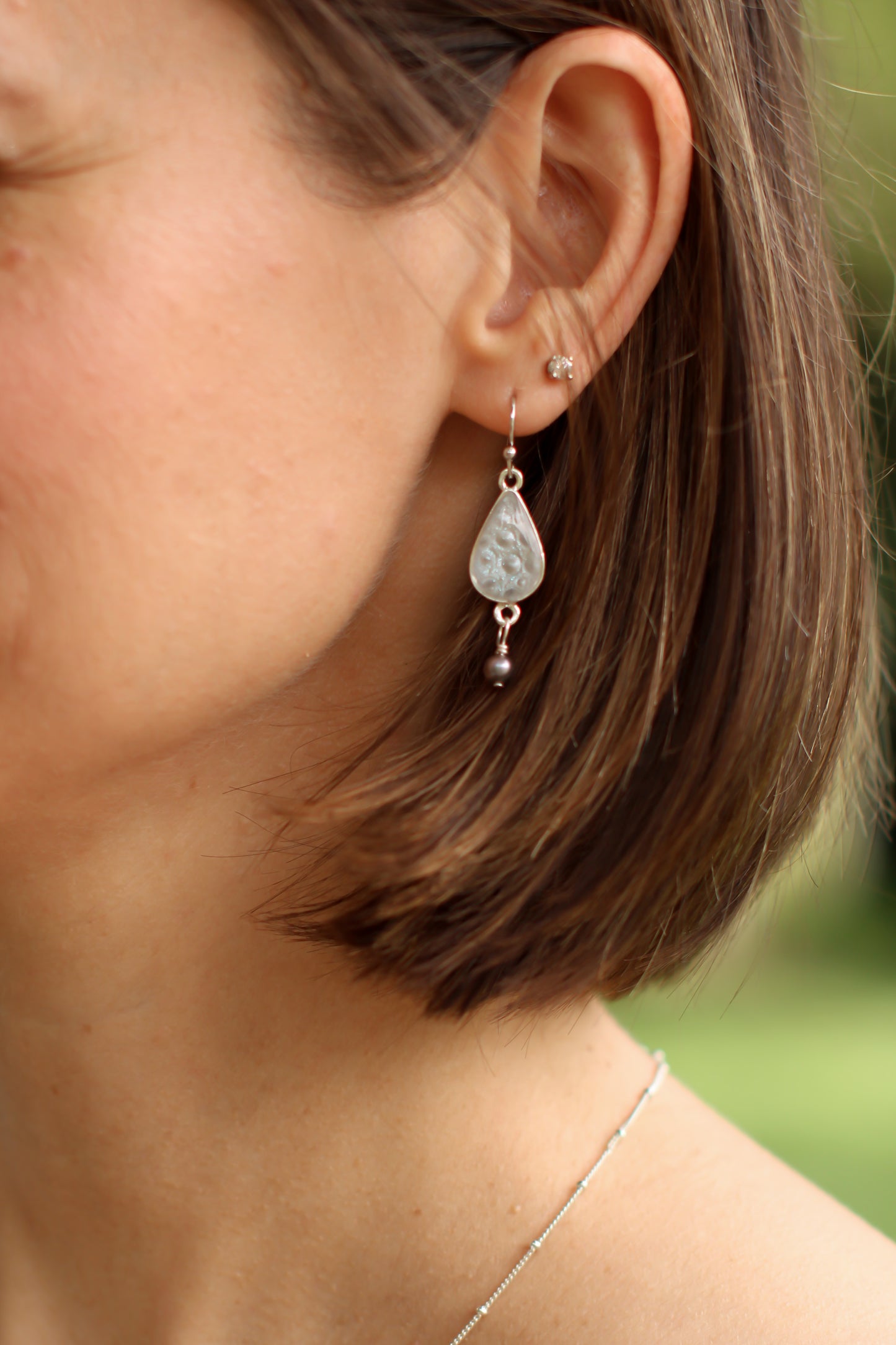 Silvery Blue Sea Urchin Shell Teardrop Earrings with Pearl | Handmade Clay and Resin Dangle Earrings