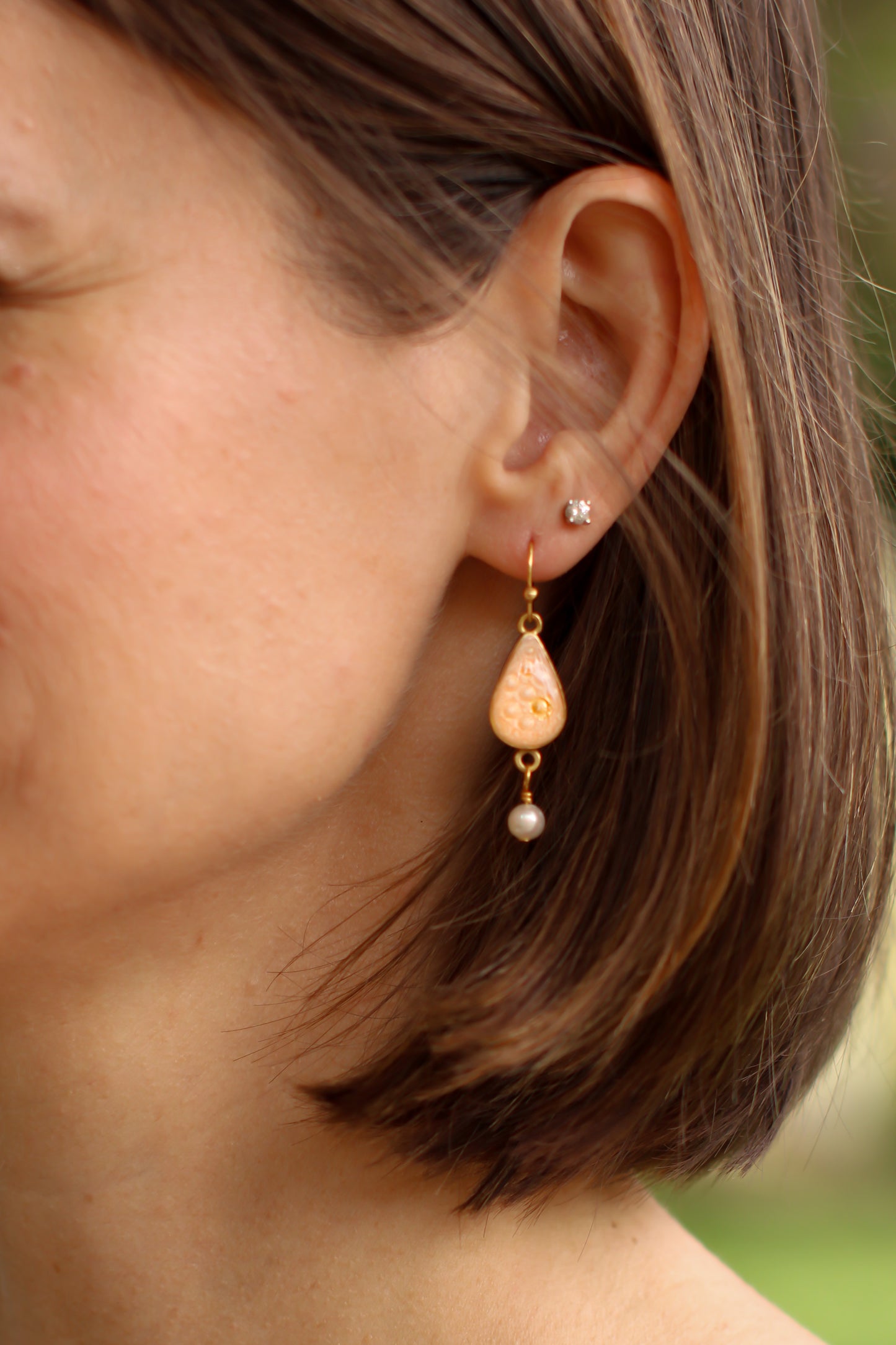 Gold and Pink Sea Urchin Shell Teardrop Earrings with Pearl | Handmade Clay and Resin Dangle Earrings