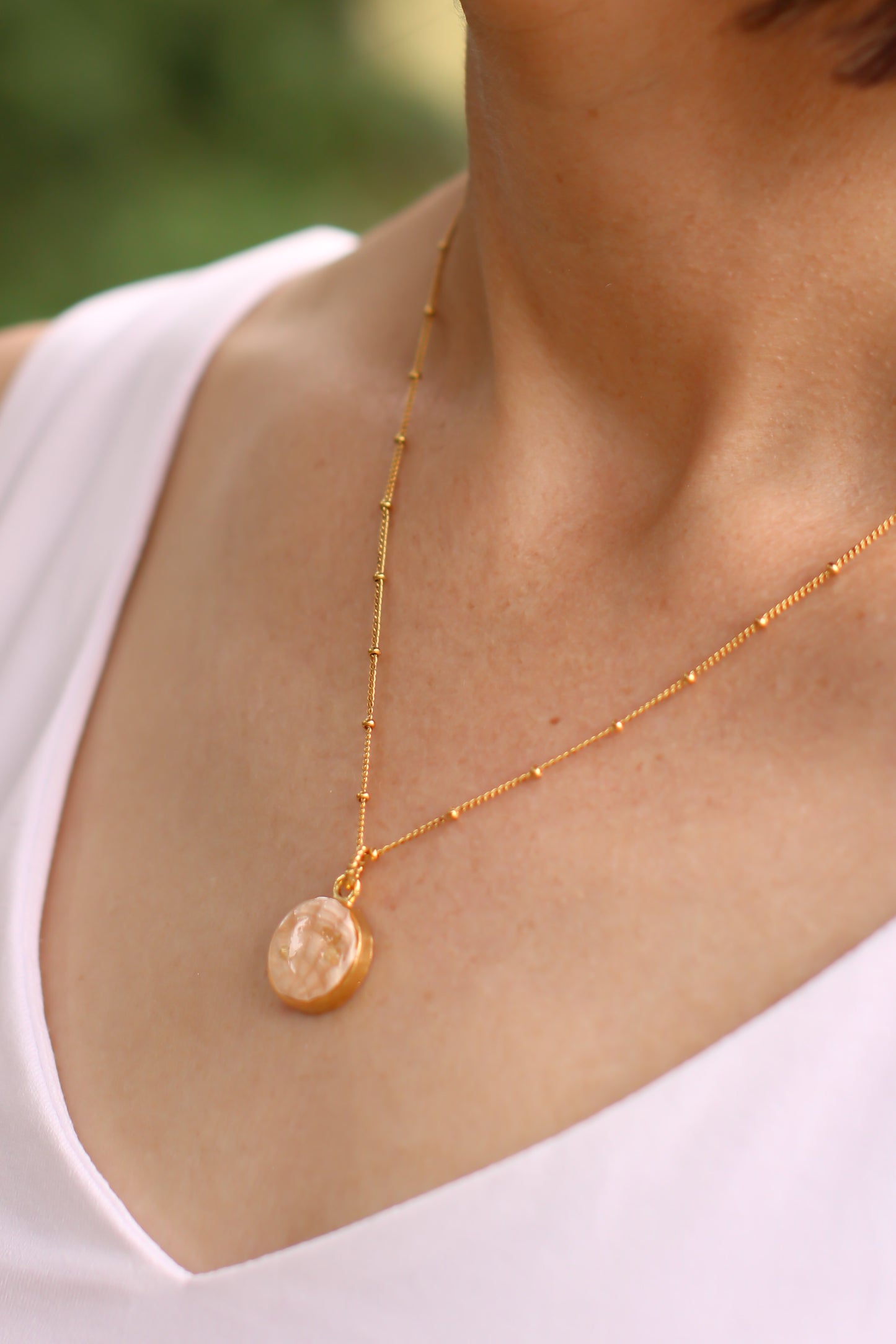 Gold Dainty Shell Necklace | Handmade Clay and Resin Champaigne Pink Shell Charm Necklace