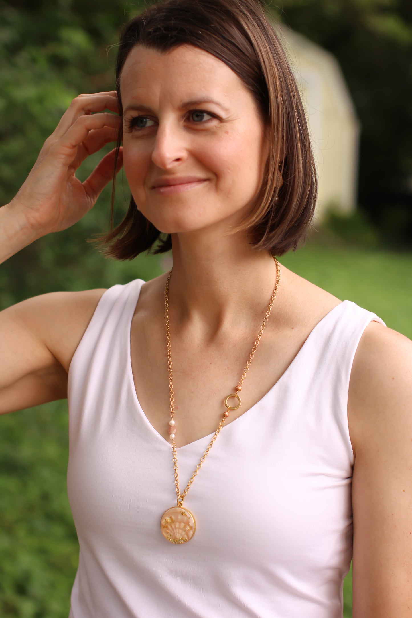Gold Shell Statement Necklace | Handmade Clay and Resin Champagne Pink Shell Necklace