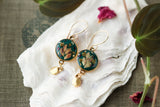 Dark Green Circle with Dangle Earrings in Gold with Dried Flowers