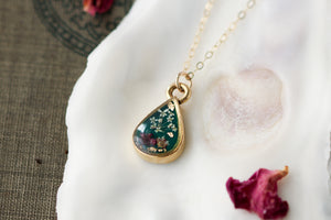 Gold and Dark Green Mini Teardrop Necklace with flowers